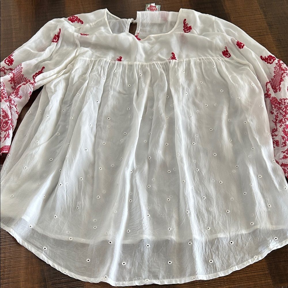Johnny Was White Blouse with Red Embroidery